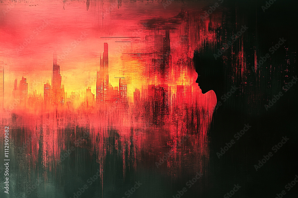 Silhouette Woman Cityscape Red Sunset Abstract Art Silhouette Woman Cityscape Red Sunset Abstract Art