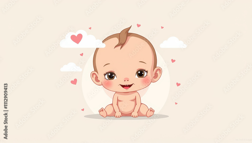 Cheerful baby with playful expression, surrounded by hearts and clouds in a soft pastel setting evokes feelings of joy and warmth Cheerful baby with playful expression, surrounded by hearts and clouds in a soft pastel setting evokes feelings of joy and warmth