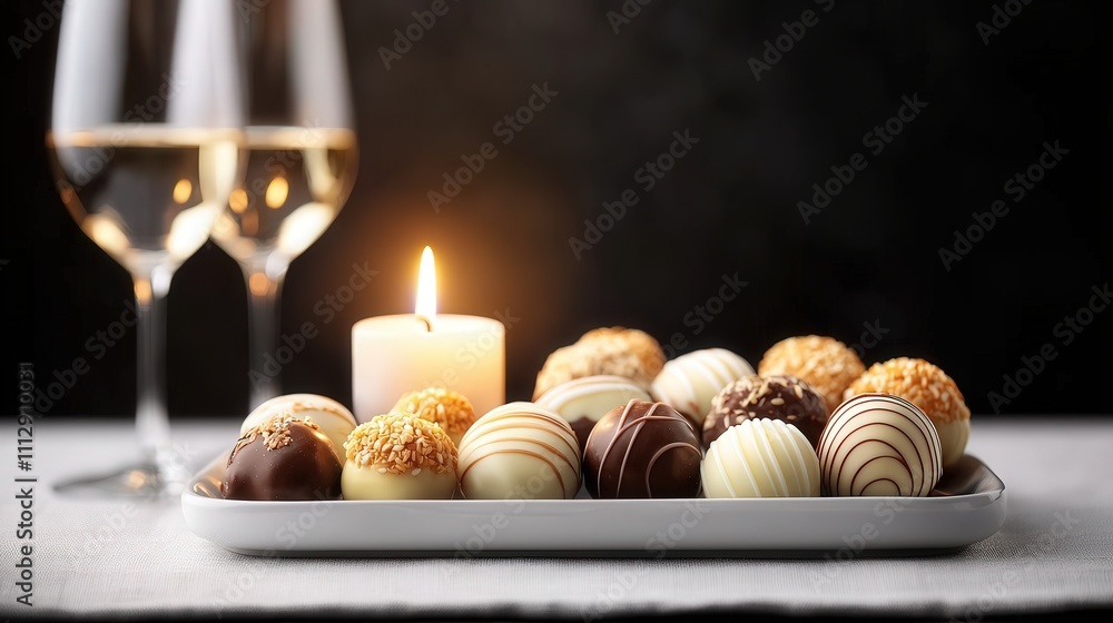 Naklejka premium Romantic valentine gift of heart-shaped chocolates and roses at candlelit dinner setting