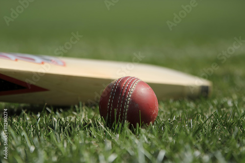 Cricket ball on bat edge on grassy field, evoking sports and play photo