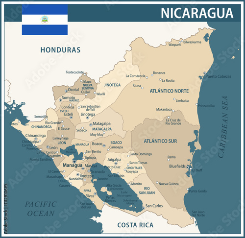 Nicaragua Map Vector Vintage Dark Blue Beige - Customizable layered political map of Nicaragua with administrative divisions for website, education, reports, news, politics, print, poster