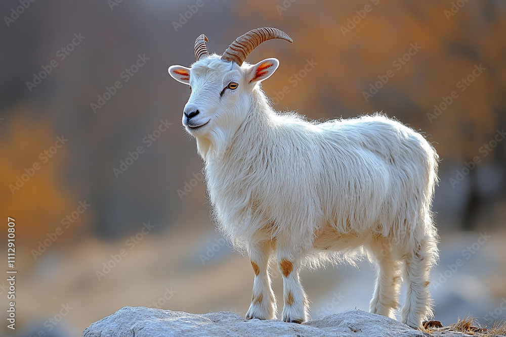 Obraz premium Majestic White Goat Stands On Rock In Autumnal Landscape