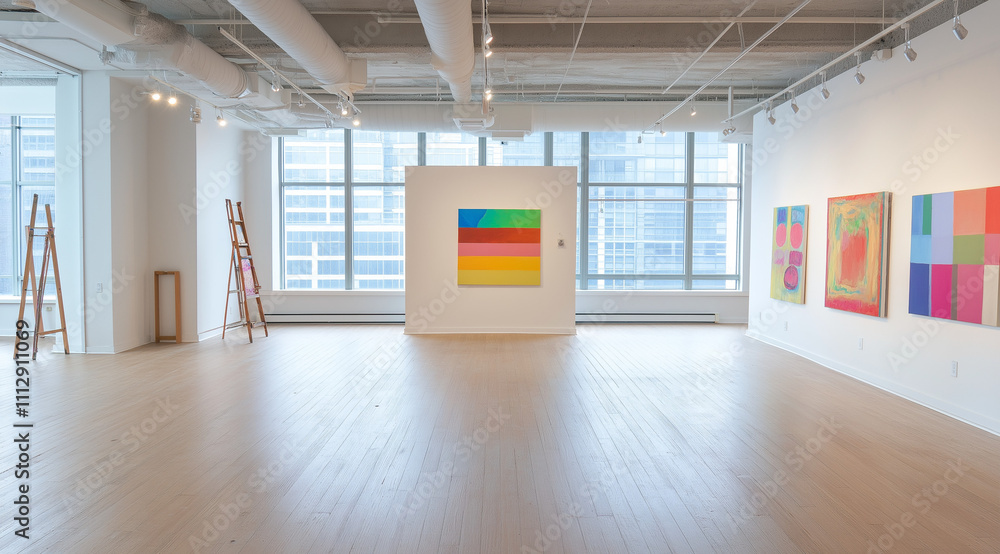 Fototapeta premium Avant-Garde Gallery With City Panorama Featuring Modern Art