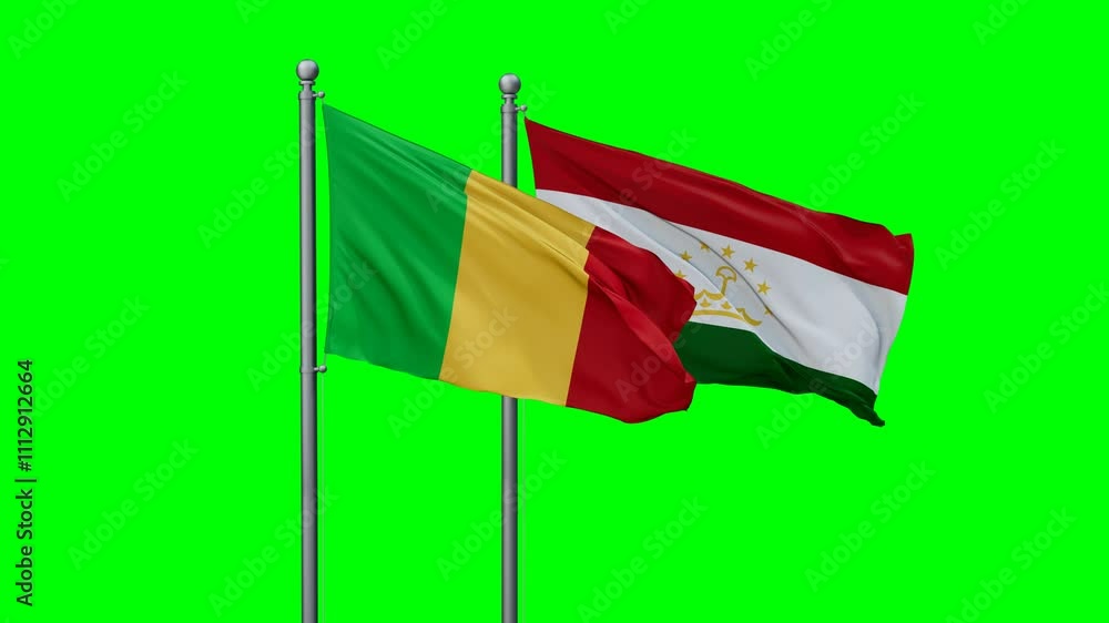 Tajikistan and Mali two flags waving together, video concept of the relationship with colored chroma key for easy background remove, two country cooperation concept Tajikistan and Mali two flags waving together, video concept of the relationship with colored chroma key for easy background remove, two country cooperation concept