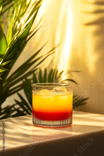 Tequila Sunrise cocktail on a minimalistic summer background. for menus, for bars. for a banner, for advertising.