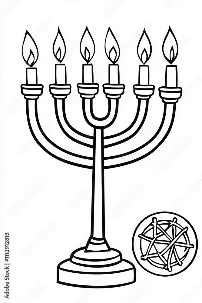 Illustration of a menorah with six lit candles, beautifully detailed for artistic coloring. Illustration of a menorah with six lit candles, beautifully detailed for artistic coloring.