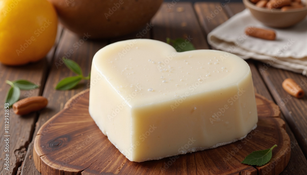 Heart-shaped homemade soap on a wooden cutting board Heart-shaped homemade soap on a wooden cutting board