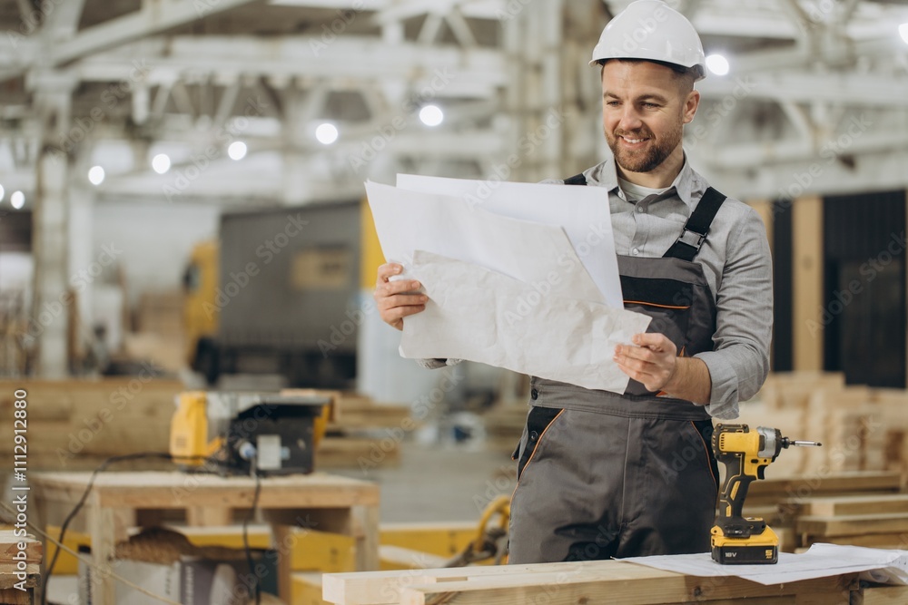 Construction worker reading blueprints in modular building factory Construction worker reading blueprints in modular building factory