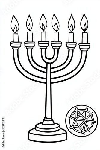 Illustration of a menorah with six lit candles, beautifully detailed for artistic coloring.