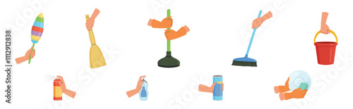 Hand with Cleaning Tool Do Domestic Chore Vector Set