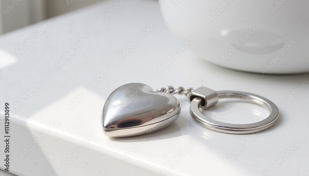 Sleek silver heart-shaped keychain on white surface Sleek silver heart-shaped keychain on white surface