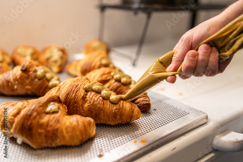 Baker filling croissants with pistachio cream using pastry bag