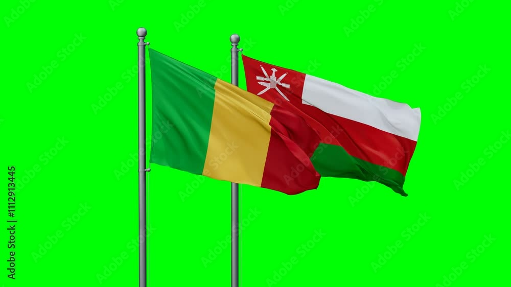 Oman and Mali flags flying together, video concept of the relationship with colored chroma key for easy background remove, two country cooperation concept Oman and Mali flags flying together, video concept of the relationship with colored chroma key for easy background remove, two country cooperation concept