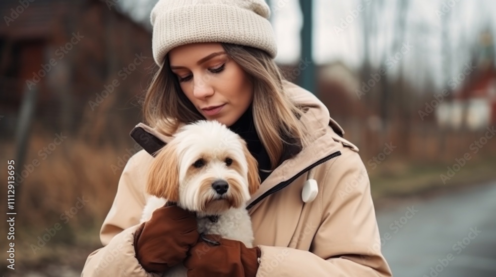 A Woman in a Beige Coat Holds Her Fluffy Dog Outside on a Cold Day A Woman in a Beige Coat Holds Her Fluffy Dog Outside on a Cold Day
