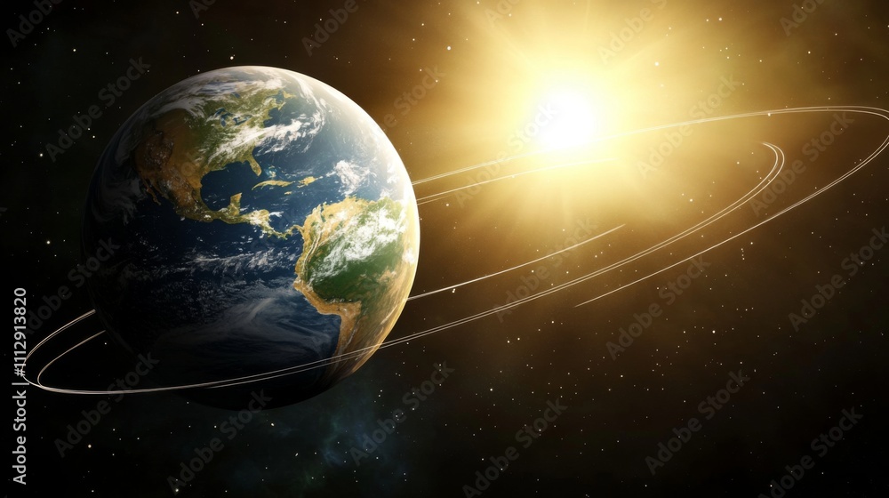Fototapeta premium Earth axis diagram illustration showing the tilt of the Earth's rotational axis relative to its orbital plane, explaining the cause of seasonal changes and the distribution of sunlight.