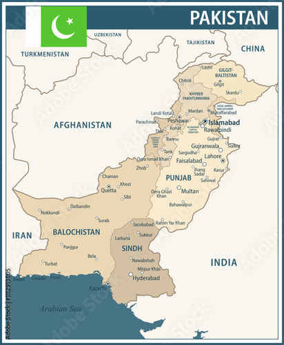 Pakistan Map Vector Vintage Dark Blue Beige - Customizable layered political map of Pakistan with administrative divisions for website, education, reports, news, politics, print, poster and wallpaper