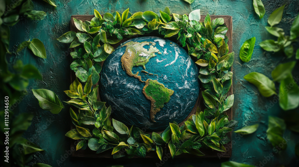 A globe surrounded by lush green leaves symbolizing environmental awareness and sustainability in nature A globe surrounded by lush green leaves symbolizing environmental awareness and sustainability in nature