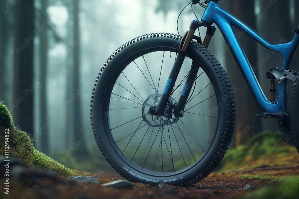 Spring forest scene with a closeup of a bike wheel protector Spring forest scene with a closeup of a bike wheel protector