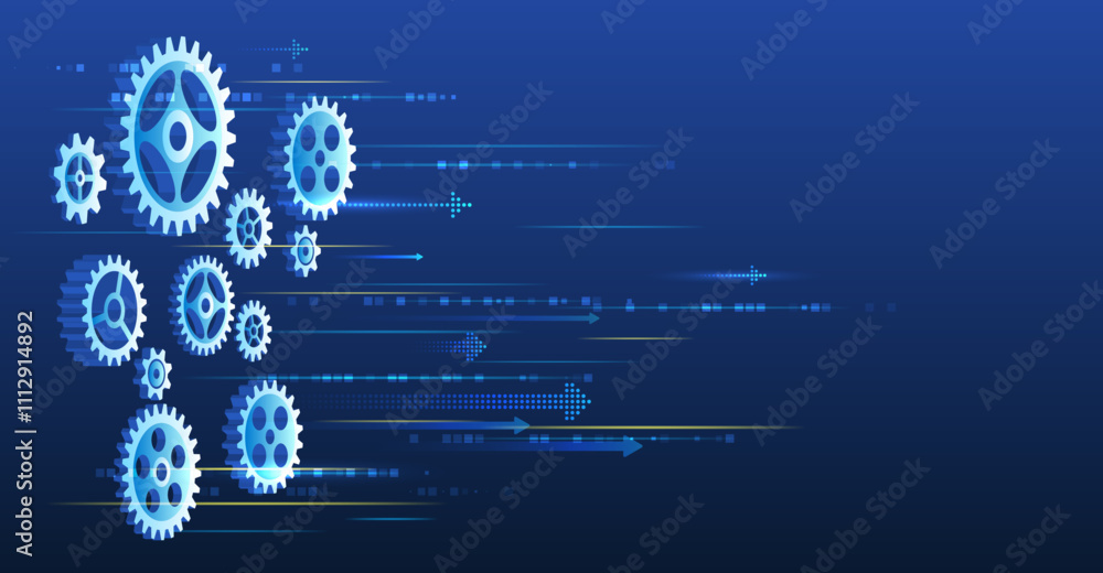Gear mechanism on blue background for presentation. Cogwheels and arrows for scientific experiment presentation. Futuristic high tech concept. Business and industry internet banner. Gear mechanism on blue background for presentation. Cogwheels and arrows for scientific experiment presentation. Futuristic high tech concept. Business and industry internet banner.