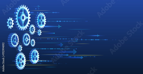 Gear mechanism on blue background for presentation. Cogwheels and arrows for scientific experiment presentation. Futuristic high tech concept. Business and industry internet banner.