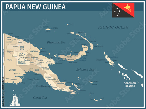 Papua New Guinea Map Vector Vintage Dark Blue Beige - Customizable layered political map of Papua New Guinea with administrative divisions for website, education, reports, news, politics, print