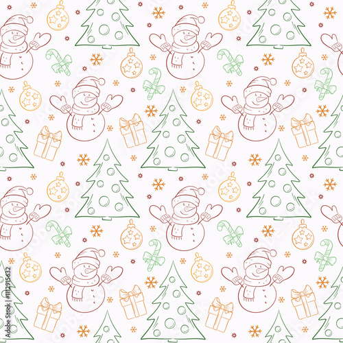 Hand drawn Christmas seamless pattern with snowman and Christmas trees. Festive background for Christmas and New Year design