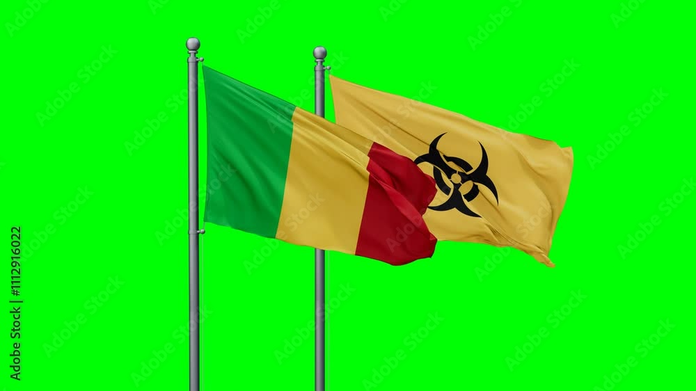 Mali and Biological hazard flags waving together on looped video, toxic hazard and pollution warning concept Mali and Biological hazard flags waving together on looped video, toxic hazard and pollution warning concept