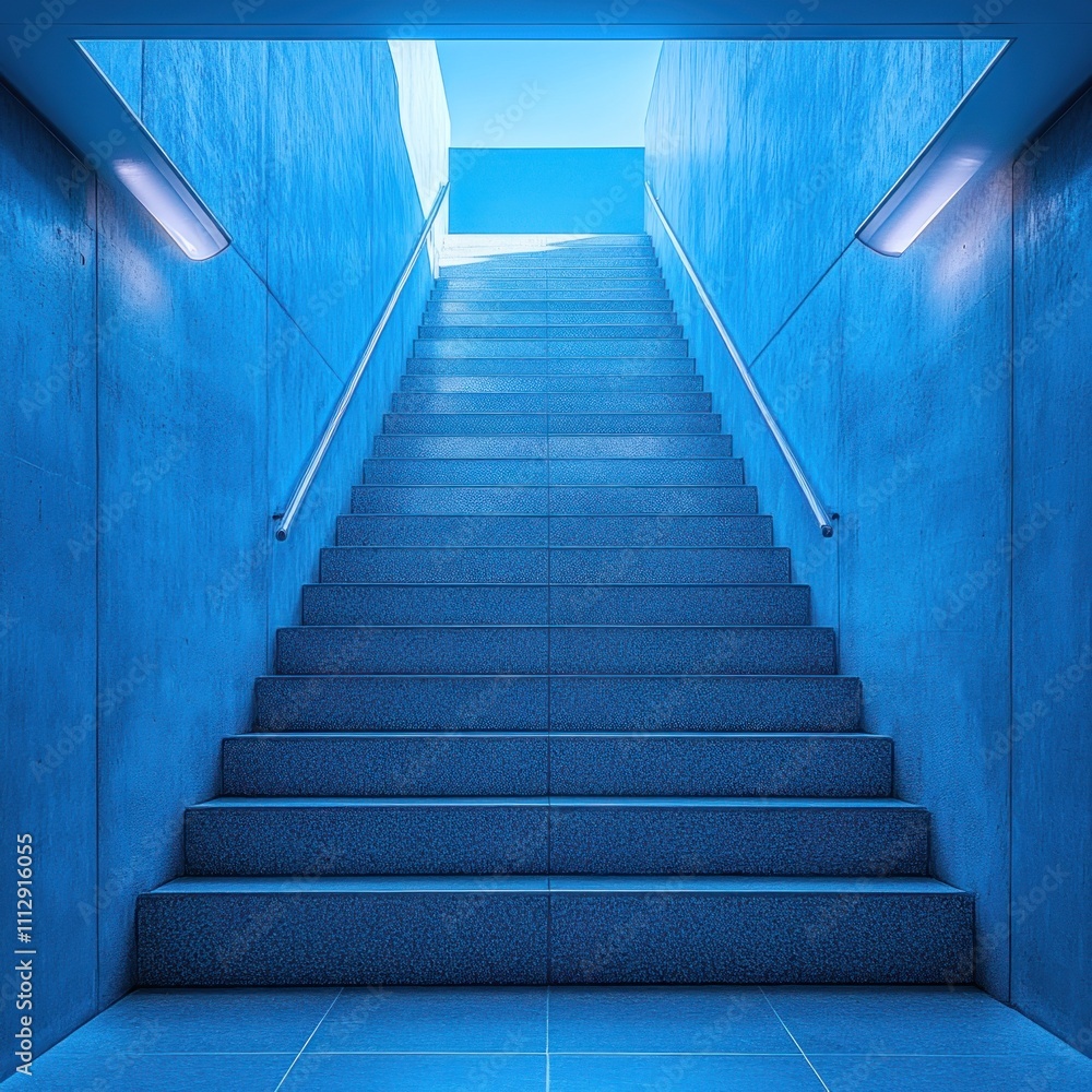 Fototapeta premium A modern staircase illuminated in blue light, leading upward through a minimalist space.