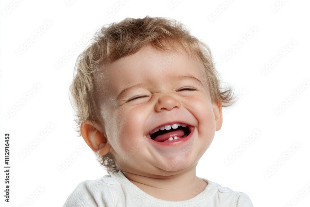 Joyful and Adorable Baby Face with Pure Laughter Against a White Background Joyful and Adorable Baby Face with Pure Laughter Against a White Background