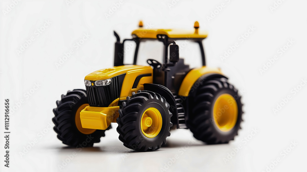 Fototapeta premium Miniature tractor toy isolated on a white background, featuring realistic details and a compact design, perfect for play, collection, or as an educational farming-themed model