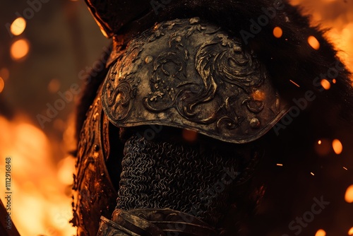 This captivating image showcases a knight dressed in beautifully crafted armor, illuminated by the flames behind, highlighting themes of bravery and grandeur. photo