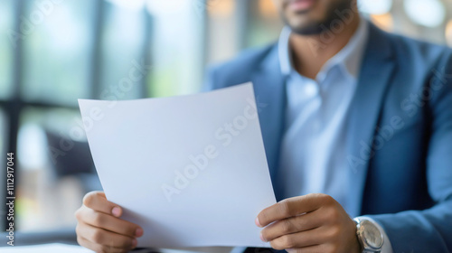 Businessman holding blank white documents in office for corporate presentation, professional in formal suit handling paperwork, career-focused leader managing business contracts, negotiation, and exec photo