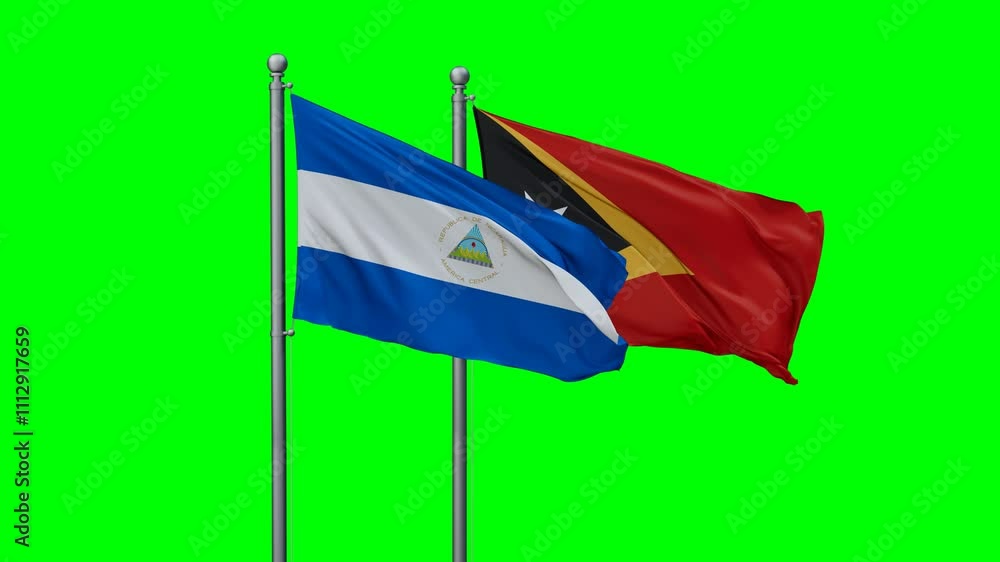East Timor and Nicaragua flags flying together, video concept of the relationship with colored chroma key for easy background remove, two country cooperation concept East Timor and Nicaragua flags flying together, video concept of the relationship with colored chroma key for easy background remove, two country cooperation concept