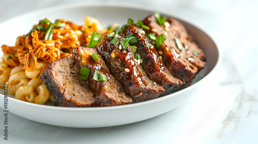 Korean BBQ Glazed Meatloaf with Kimchi Mac and Cheese, Fusion Main Course Photography Korean BBQ Glazed Meatloaf with Kimchi Mac and Cheese, Fusion Main Course Photography