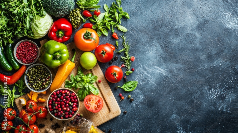 Vibrant assortment of fresh vegetables and spices on a wooden board Vibrant assortment of fresh vegetables and spices on a wooden board