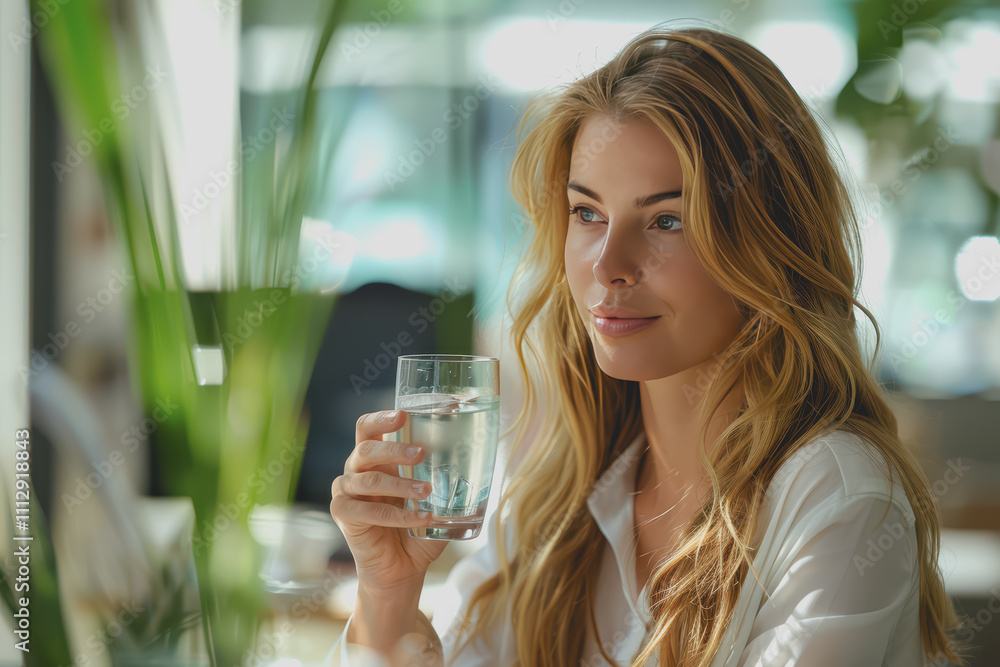 Female entrepreneur enjoys a glass of clean drinking water while working in a modern office. Female entrepreneur enjoys a glass of clean drinking water while working in a modern office.