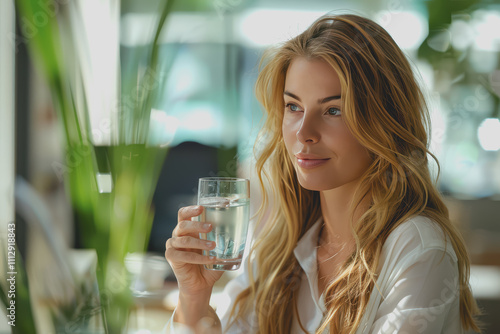 Female entrepreneur enjoys a glass of clean drinking water while working in a modern office.