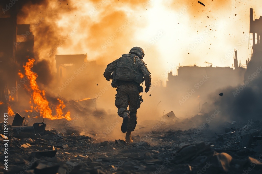 A soldier navigates through a chaotic and fiery environment, symbolizing the intense realities of warfare and the inner strength required to confront danger head-on. A soldier navigates through a chaotic and fiery environment, symbolizing the intense realities of warfare and the inner strength required to confront danger head-on.