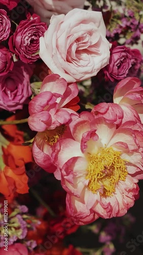 A stunningly vibrant floral arrangement featuring beautiful pink and red blossoms in full bloom. Vertical video