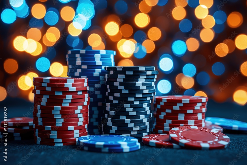 Poker chips stacked with colorful bokeh Poker chips stacked with colorful bokeh