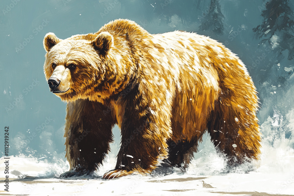 Fototapeta premium Majestic Grizzly Bear Walking Through Winter Snow