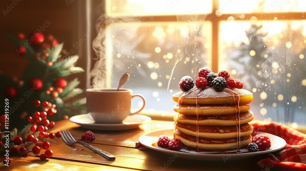 Fototapeta premium Cozy Winter Breakfast Nook with Pancakes and Berries for a Warm Seasonal Morning