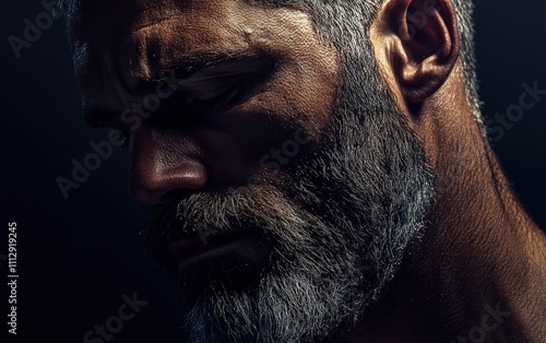 A close-up studio shot of a man with a rugged beard, deep shadows and highlights sculpting his facial structure