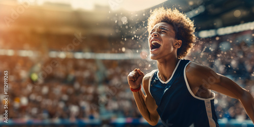 Fototapeta Naklejka Na Ścianę i Meble -  Young athlete celebrating victory in stadium with golden sunlight. Horizontal banner for sports events, athletic competitions, motivation campaigns, fitness brand, championship marketing, space