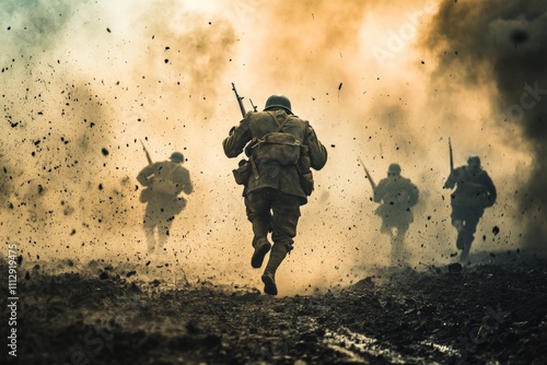 A soldier sprints through an explosive, war-torn landscape, emphasizing the tumult of battle and the intense emotions experienced in moments of conflict and survival.