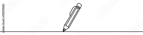 One continuous line illustration of a ballpoint pen, isolated on white background. Line art of a ballpoint pen