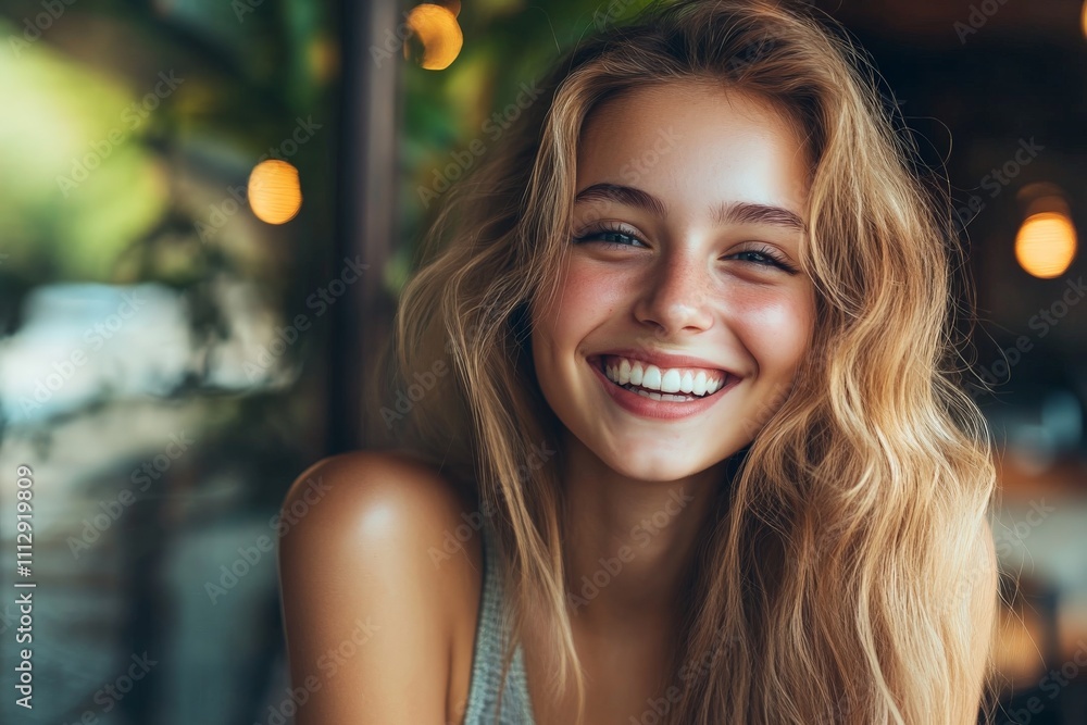 A joyful young girl with long hair smiles brightly while seated in a cozy cafe, highlighting a warm atmosphere and soft lighting that invites connection. A joyful young girl with long hair smiles brightly while seated in a cozy cafe, highlighting a warm atmosphere and soft lighting that invites connection.