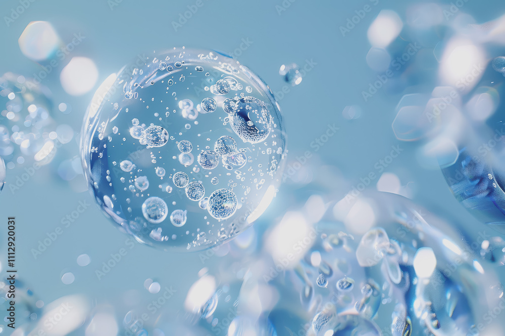blue bubble transparent membrane molecule algae cell water drop algae cell with small particles. blue bubble transparent membrane molecule algae cell water drop algae cell with small particles.