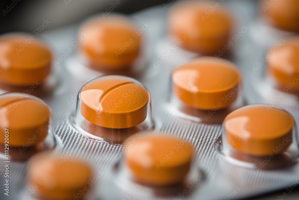 A close-up view of orange pills in a blister pack emphasizes the importance of medication, health, and well-being in daily life with a focus on pharmaceutical care. A close-up view of orange pills in a blister pack emphasizes the importance of medication, health, and well-being in daily life with a focus on pharmaceutical care.