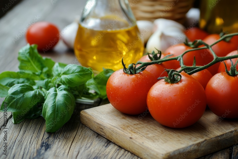 Vibrant ripe tomatoes paired with fresh basil and olive oil, beautifully arranged to create a wholesome and appetizing still-life, symbolizing healthy cooking inspiration. Vibrant ripe tomatoes paired with fresh basil and olive oil, beautifully arranged to create a wholesome and appetizing still-life, symbolizing healthy cooking inspiration.